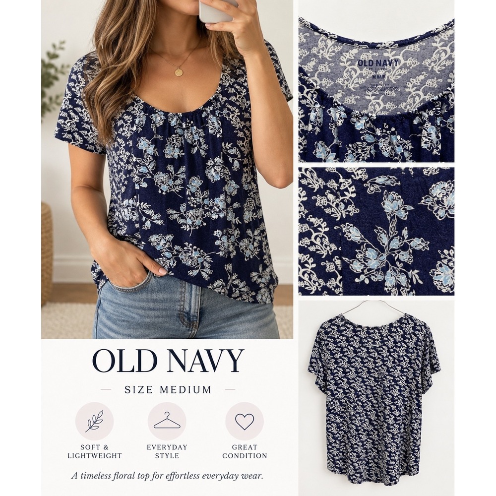 Old Navy Womens Navy Blue Floral Scoop Neck Short Sleeve Relaxed Blouse Size M